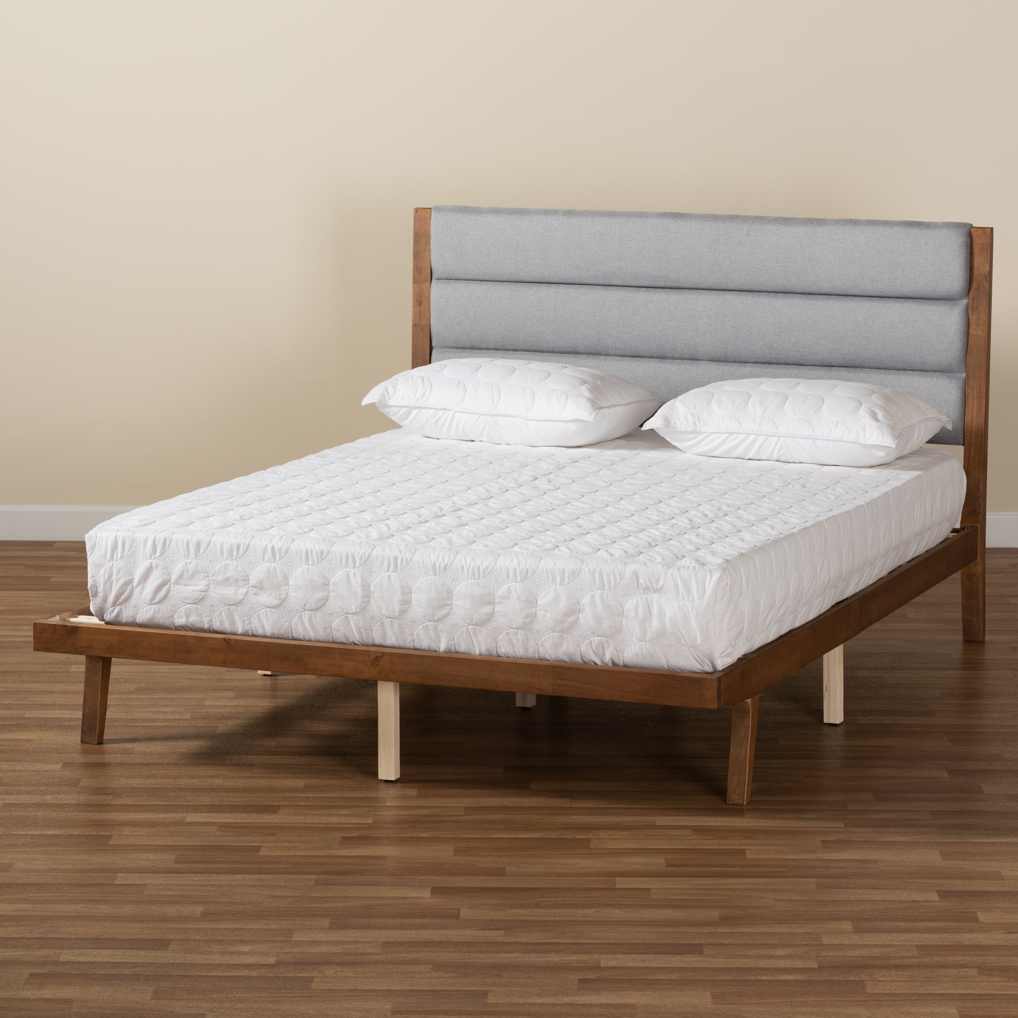 Baxton Studio Jarlan Modern and Contemporary Transitional Gray Fabric Upholstered and Walnut Brown Finished Wood Queen Size Platform Bed