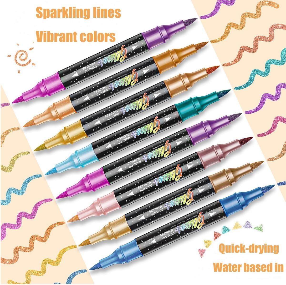 24/48/72/96 Colors Glitter Effect Brush Markers,Metallic Glitters Dual Tip Marker for Cards,2-In-1 Quick-Drying Large Capacity Pen (72)