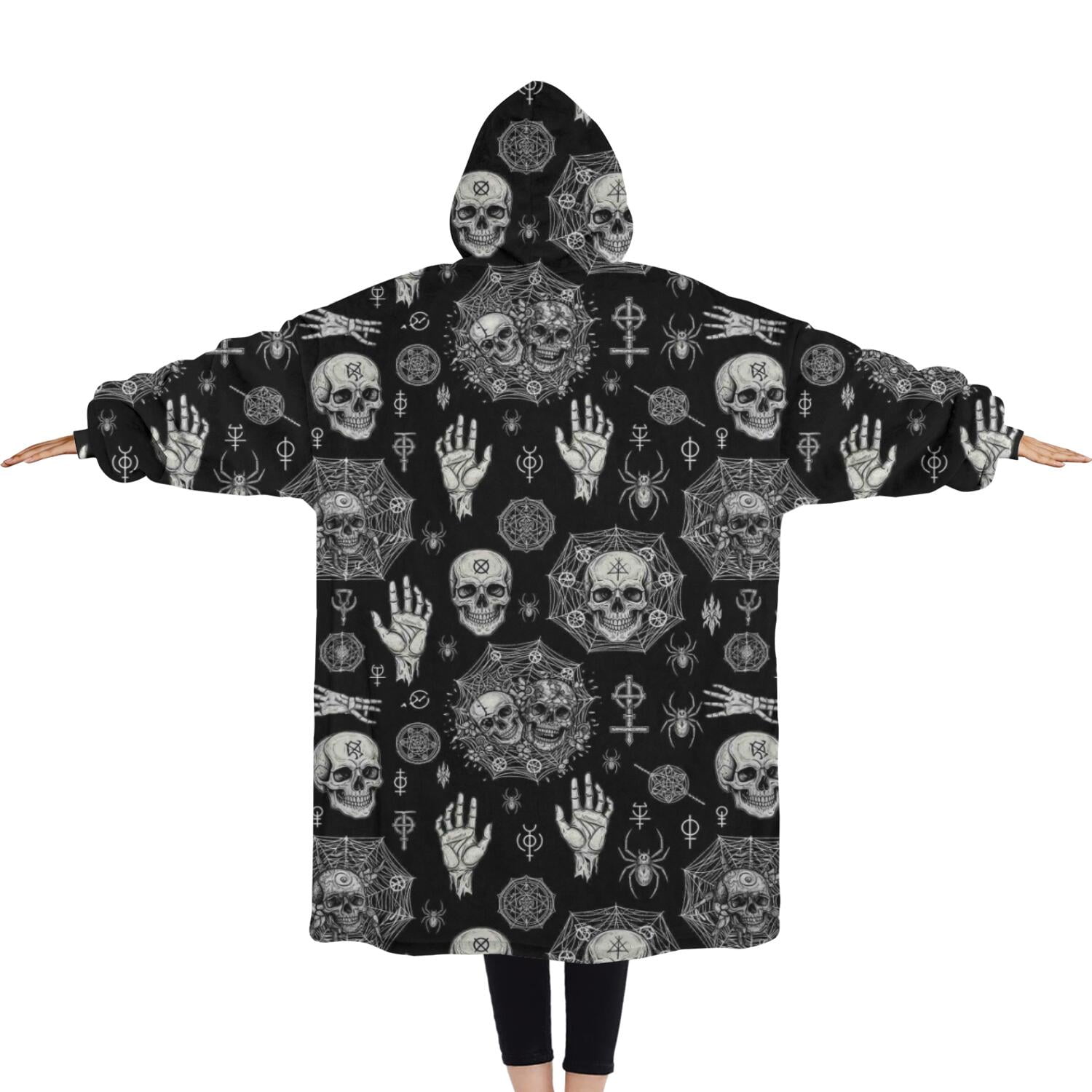 Oversized Wearable Blanket Hoodie,Black Occult Symbol Pattern Sherpa Blanket Hoodie with Super Pockets,Super Warm Fuzzy Pullover for Women & Men