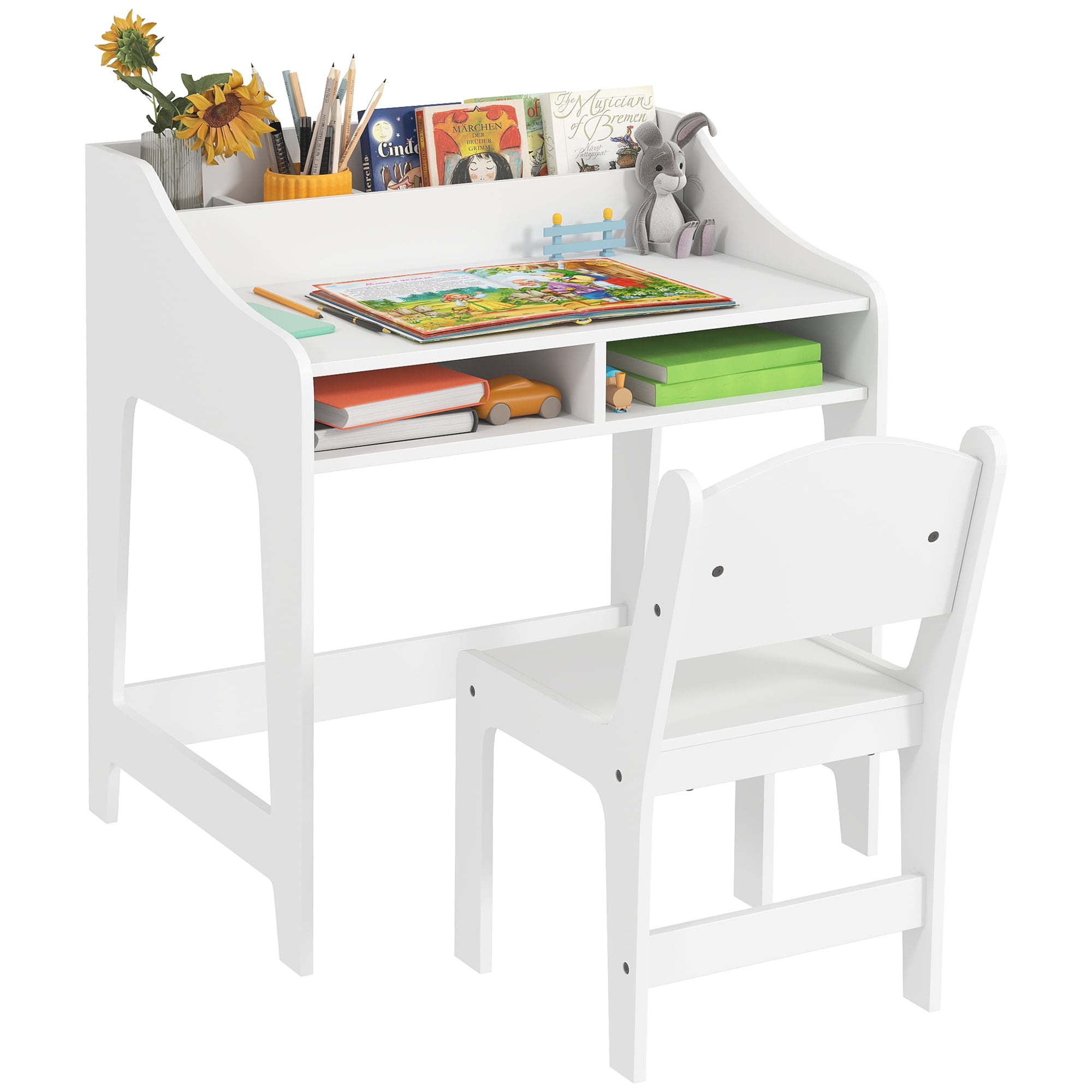 Qaba Kids Desk and Chair Set, Children Study Table with Storage Shelves, Student Writing Desk for Bedroom & Study Room, 3-8 Years Old, White