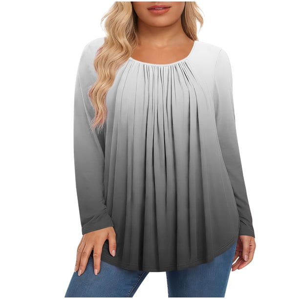 Mujeres de Manga Larga Tops Casual de Moda Gradiente Impresión Cuello Redondo Plegado Tamaño Superior para Uso Diario Y de Fiesta