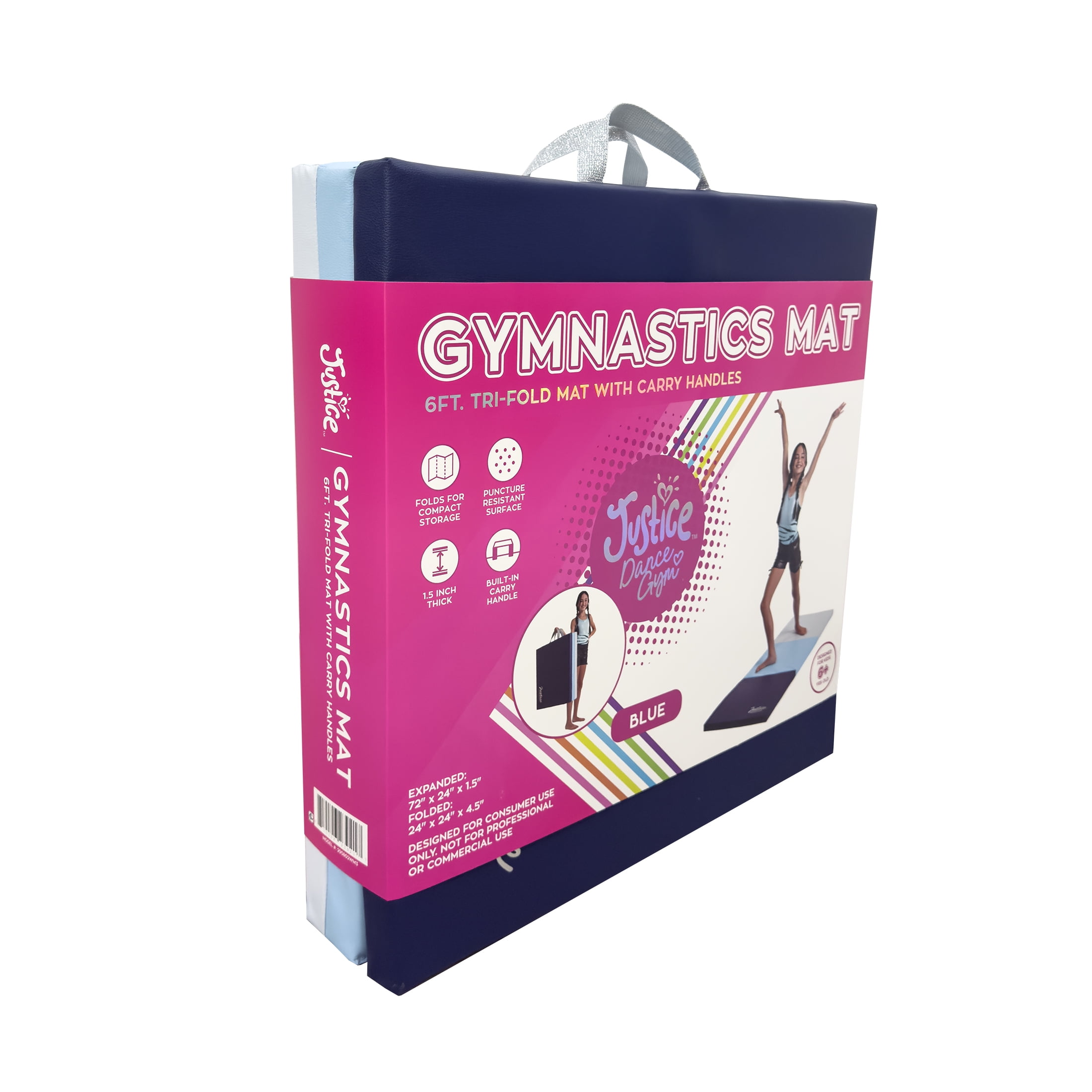 Justice 6' Three Folding Gymnastics Mat with Carry Handles, Multi Color, Blue, 1.5-inch Thickness
