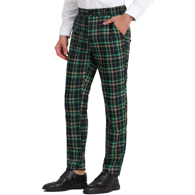 Pantalones de tela escocesa para hombre, ajuste regular, parte delantera plana, trabajo, baile de graduación, pantalones a cuadros Verde marino S