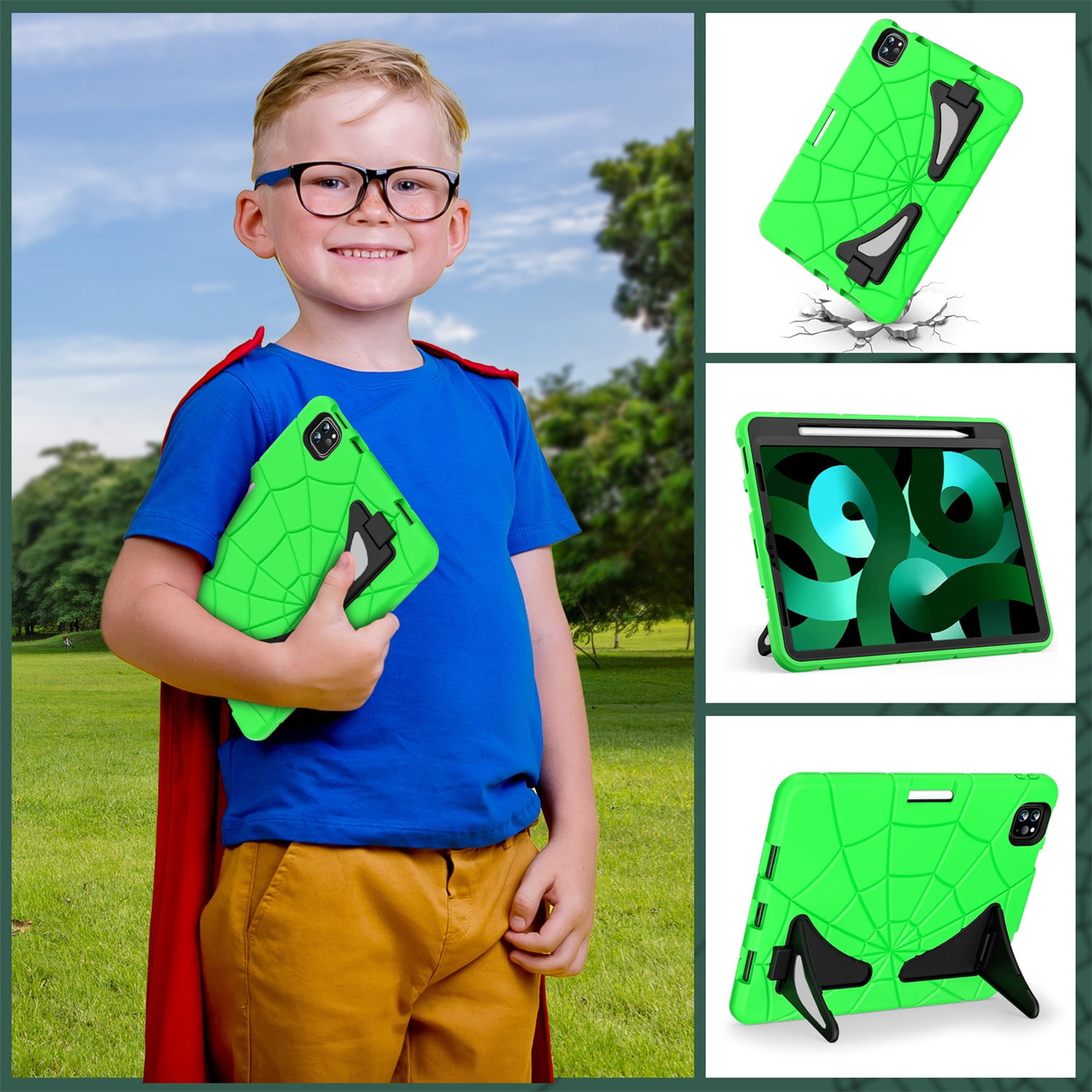 Kids Case for iPad 9th/8th/7th Generation with Pencil Holder, Lightweight Shockproof Stand Anti-Slip Rugged Silicone PC Case Cover for iPad 10.2" 2021/2020/2019 for Boys Girls, Green+Black