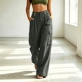 thumbnail image 3 of Womens Loose Wide Leg Cargo Pants Linen-Like Partial Elastic Waist Button Zip Fly Multi Pocket Casual Trousers, 3 of 9