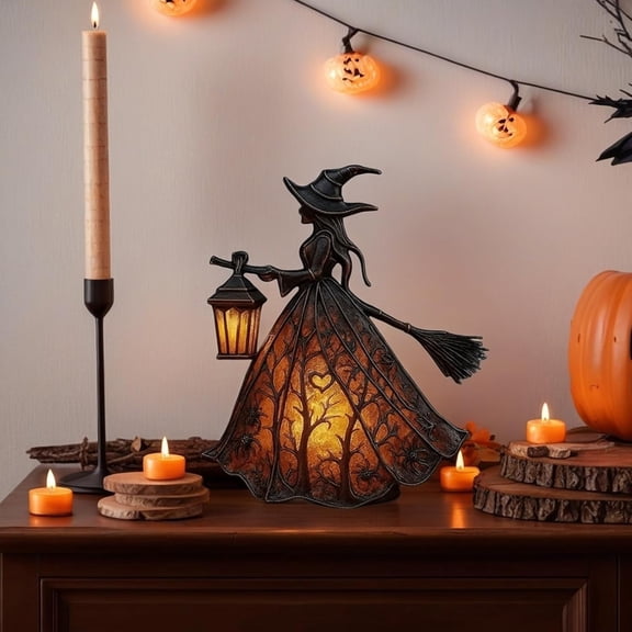 Halloween Witch Lamp, 5.9" Inspired Witch Hat Lamp, Gothic Spooky Witches Decor with Holding Lantern, Spooky Decorative Standing Night Light, Halloween Party Lighting Decorations Indoor