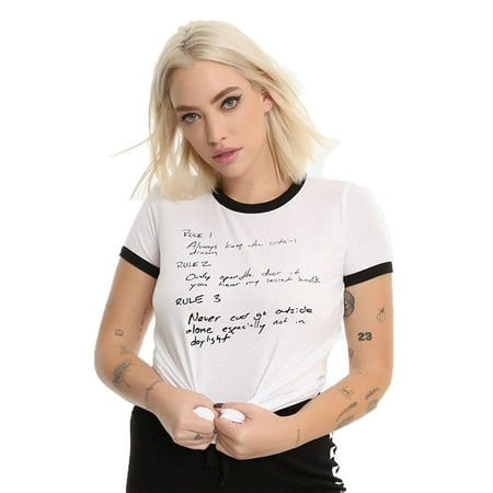 Juniors White Tee T-shirt - Juniors Stranger Things Hopper's Rules Ringer T-Shirt White