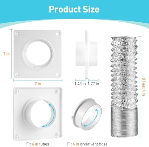 Dryer Vent Hose Connector Kit, 4" Diameter Dryer Duct, 8 ft Long, 7 x 7" Dryer Vent Wall Plate, Quick Connect and Disconnect, Fit 4 Inch Pipe, For Dryer Washer Bathroom Greenhouse Indoor