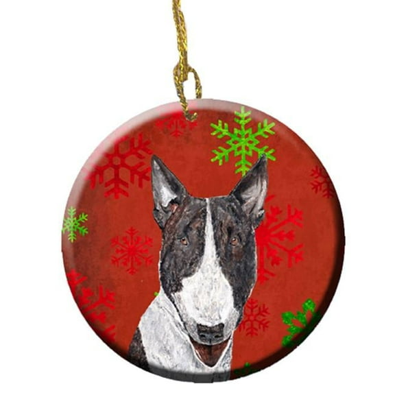 Bull Terrier Red Snowflakes Holiday Ceramic Ornament, 2.81 Dia