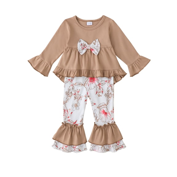 12 Months Baby Girls Clothes 18 Months Girls 2PCS Outfits Set Flower Print Infant Girls Long Sleeve Top Pants Set Brown