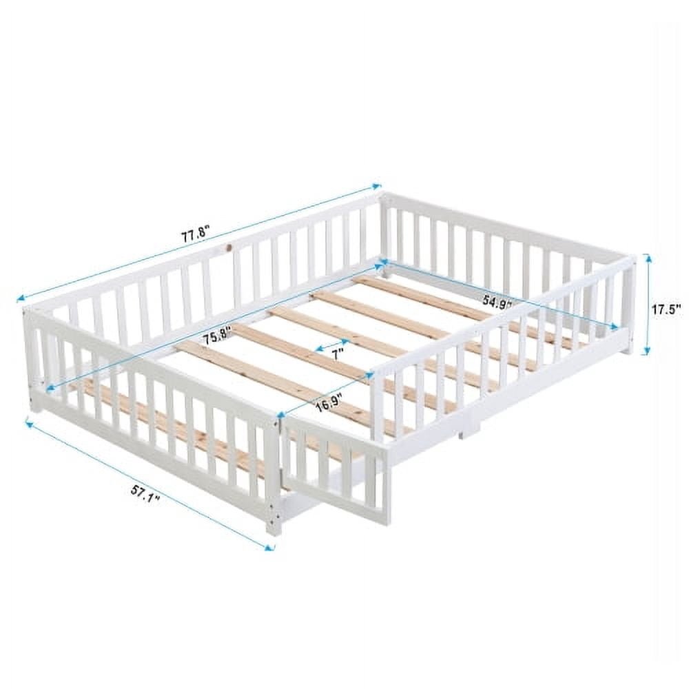 full Size Floor Bed with Door,Solid Wood Platform Bed Frame with Fence,Suitable for children,Pine Wood,White