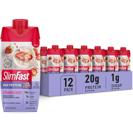 SlimFast Protein Shake  Strawberry- 20g Protein  Meal Replacement Shake Ready to Drink  High Protein with Low Carb and Low Sugar  24 Vitamins and Minerals  12 Count (Pack of 1) (Use By 04/30/25)