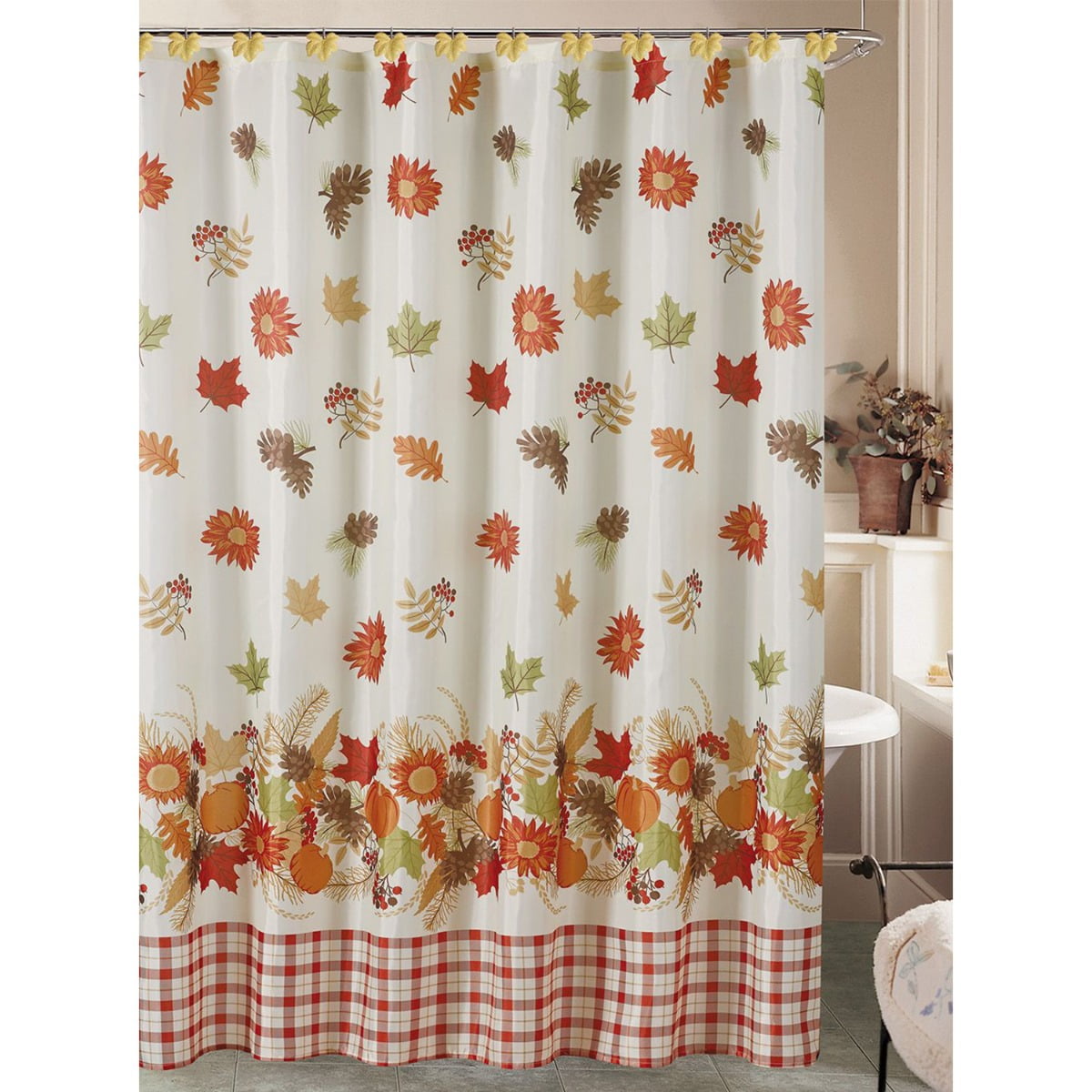 Autumn Bathroom Fabric Shower Curtain Extra Long Set Thanksgiving Turkey 72/79" 