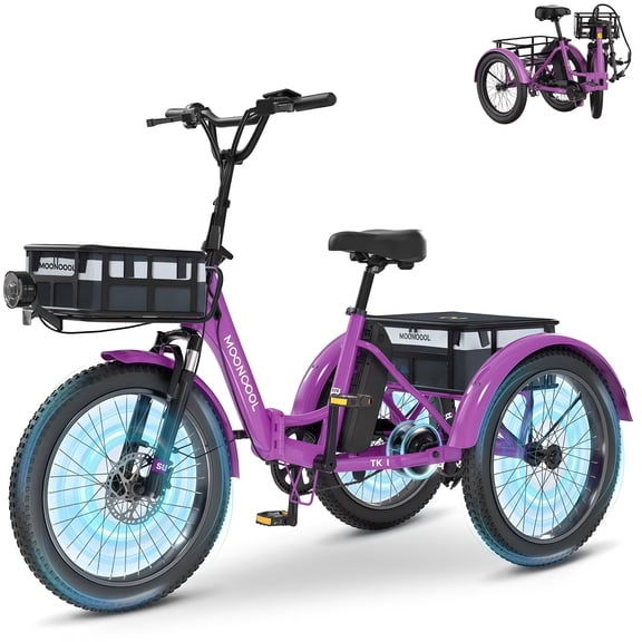 MOONCOOL TK1 Folding Electric Tricycle for Adults,48V 14.5Ah Removable battery, 1000W Motor, 20" Fat Tire Step-Thru 3 Wheel Electric Bicycle W/ Front & Rear Storage Bag Kit