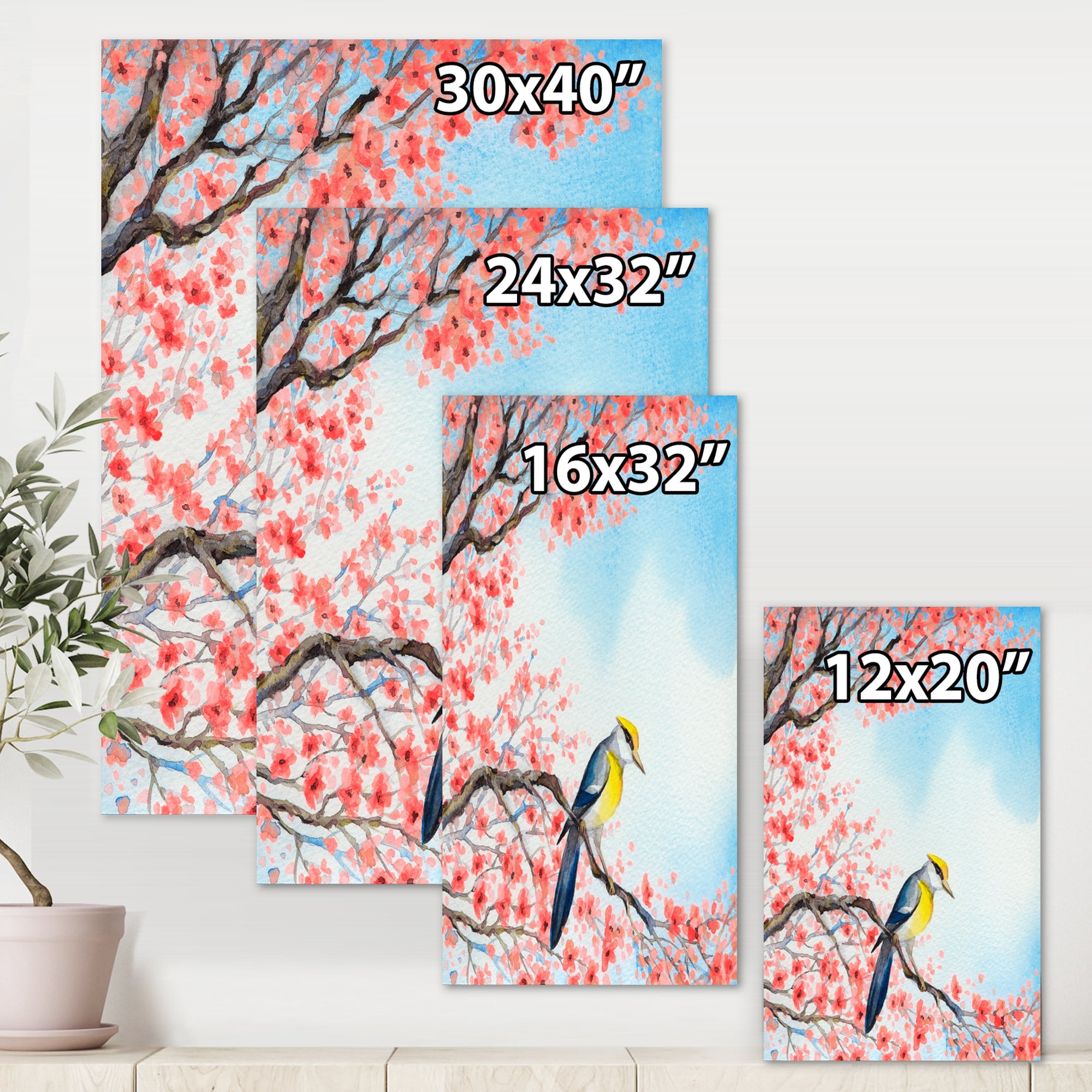 Designart ' Beautiful Red Bird Sitting On Flowering Branch I ' Traditional Canvas Wall Art Print