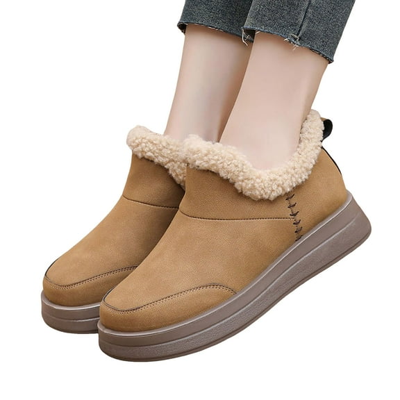 Womens Snow Boots Waterproof Stitching Leather Slip on Memory Foam Furry Lined Winter House Shoes Indoor Outdoor Booties