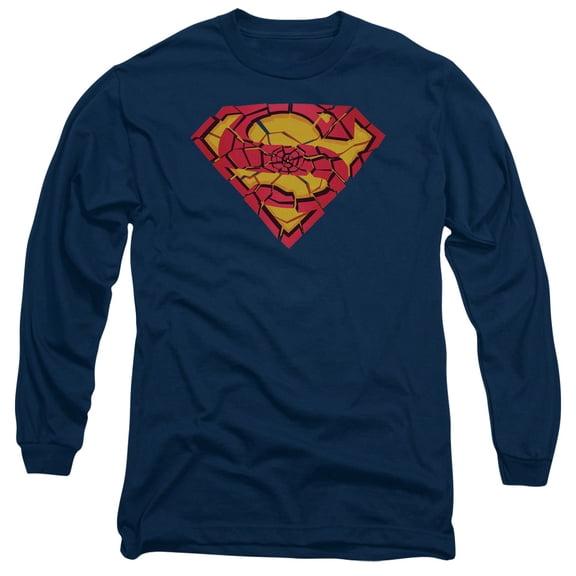 Superman Shattered Shield Long Sleeve Adult 18/1 T-Shirt Navy