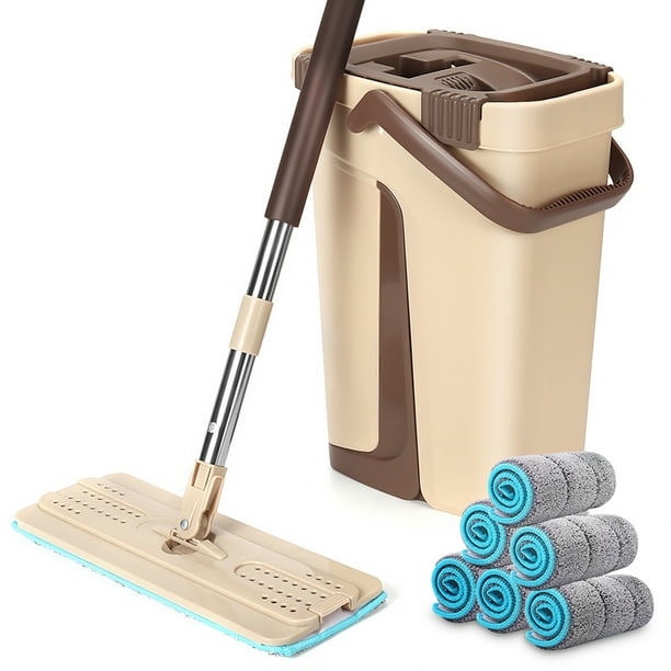 Self Wringing Mop Bucket Set Wet & Dry Cleaning Flat Floor Mop with 6pcs Microfiber Pads for