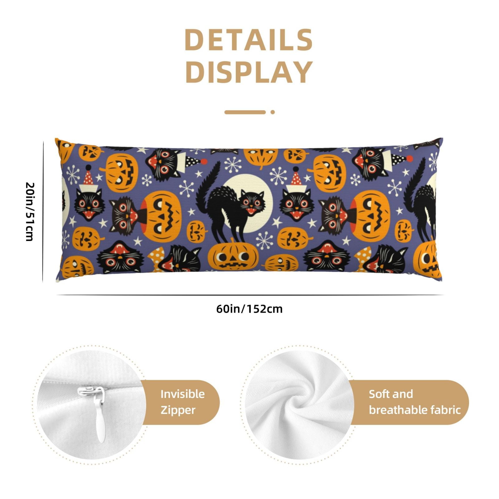 Naloa Spooky Cats And Halloween Pumpkins Super Soft 20x60 Body Pillow Case,Long Side Hidden Zipper（PILLOWS ARE NOT INCLUDED）
