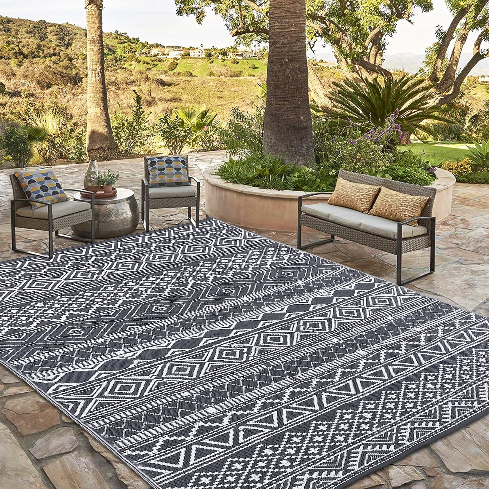 HOMERRY Geometric Outdoor Rug Straw Plastic Area Rug for Balcony Pool RV Waterproof Reversible Carpet, White/Gray, 9'x 12'