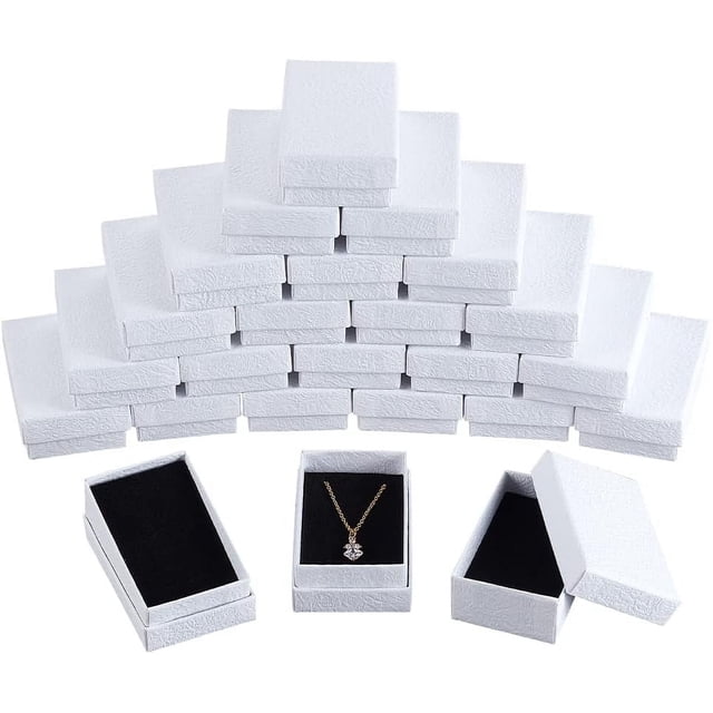 24 cajas de joyería de cartón texturizado blanco, 8,1 x 5 cm (3,2 x 2 pulgadas), caja de regalo de cartón con esponja negra en el interior.
