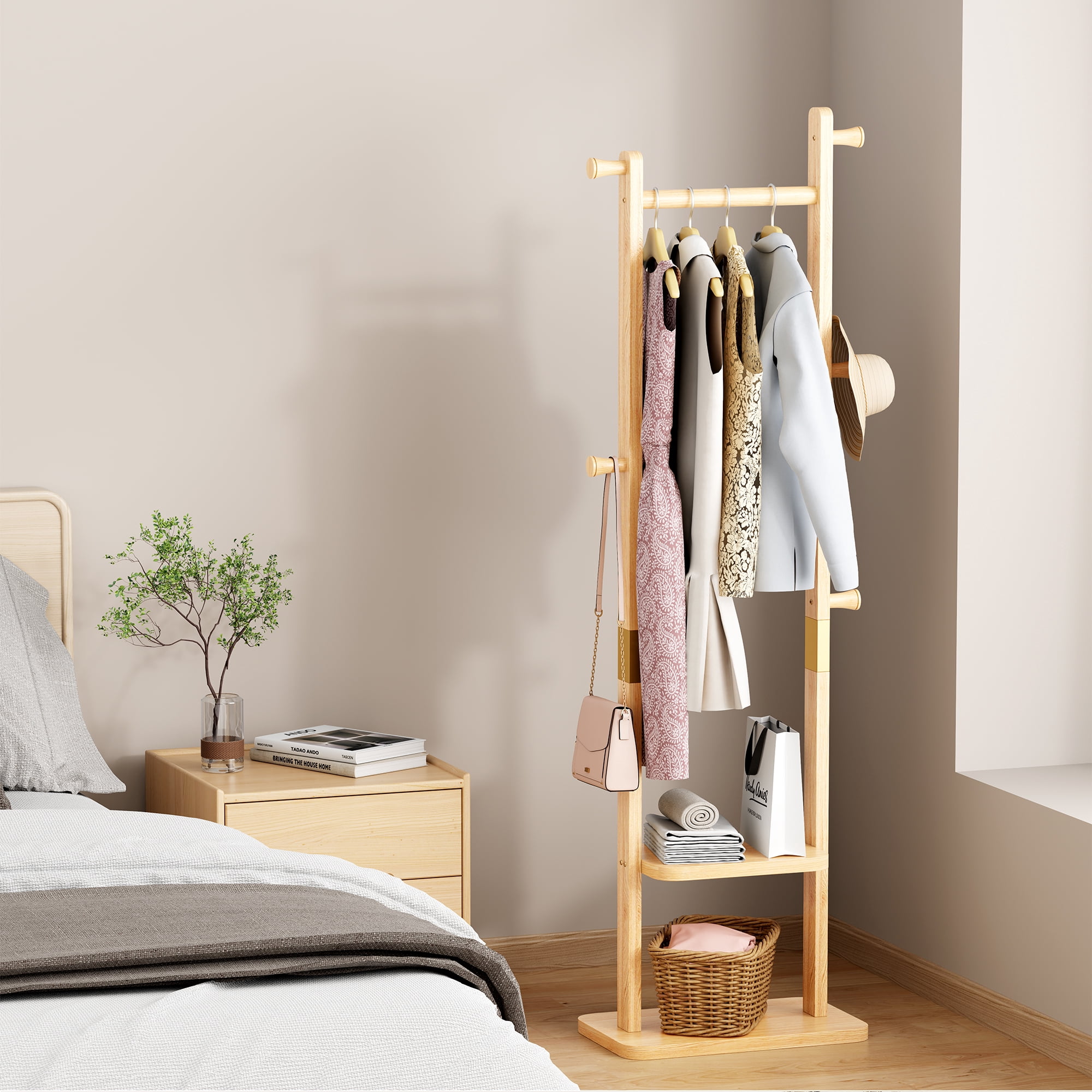 GARITIN Coat Rack and Hall Tree 18.9 Inch, Solid Wood Freestanding Coat Stand with Hooks for Entryway Living Room Bedroom, Natural