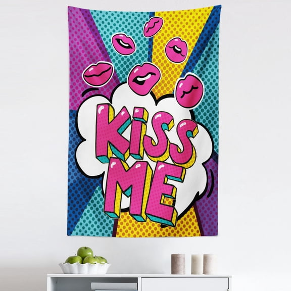 Kiss Tapestry, Kiss Me Word Bubble in Pop Art Style Retro Colorful Dotted Backdrop with Pink Lips, Fabric Wall Hanging Decor for Bedroom Living Room Dorm, 5 Sizes, Multicolor, by Ambesonne