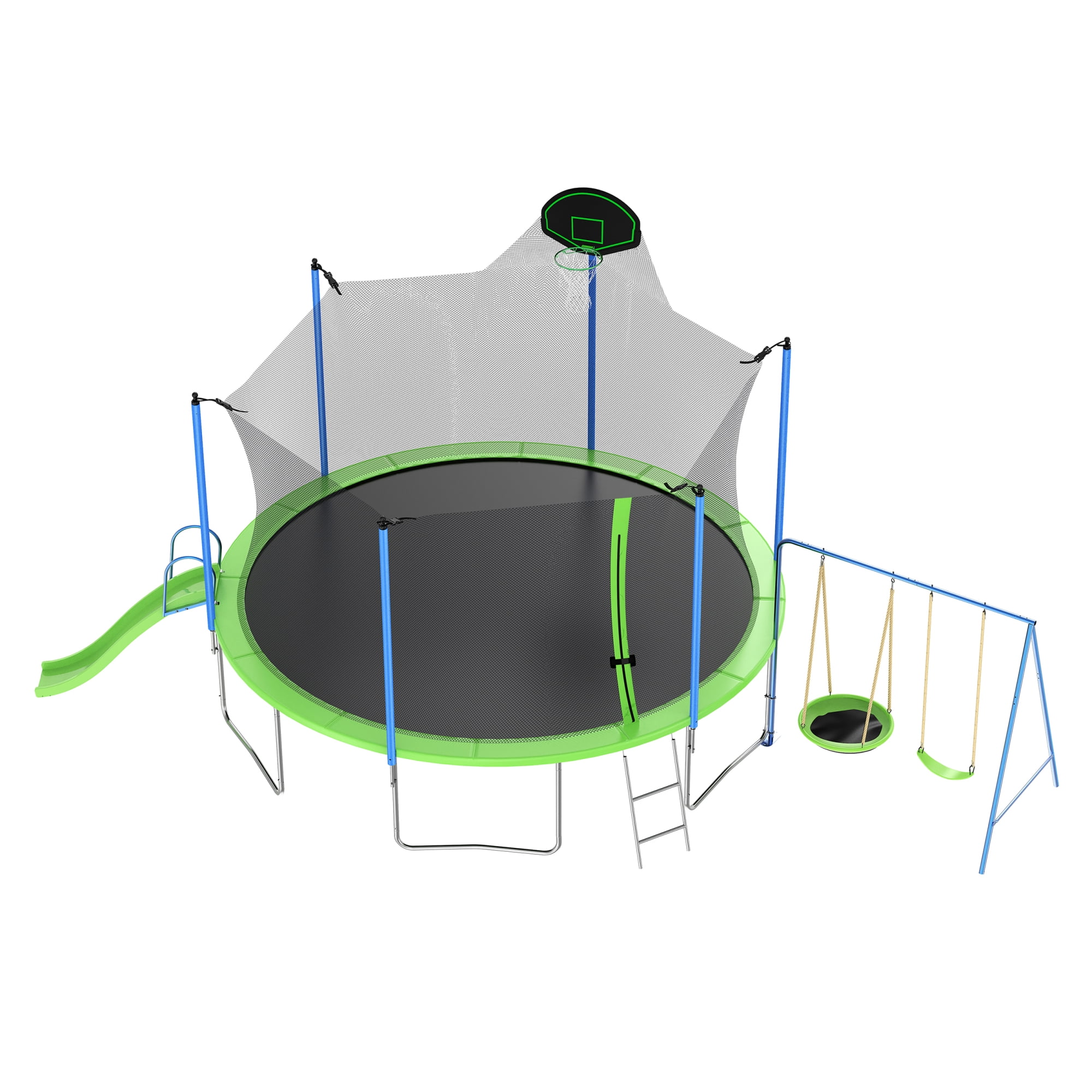 Leumius 12FT Trampoline with Slide and Swings,Outdoor Recreational Trampoline with Basketball Hoop and Ladder,Backyard Trampoline with Net for Kids and Adults,Green