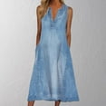 thumbnail image 4 of Vestido vaquero Iaukyu sin mangas con cuello en V, bolsillos resistentes al encogimiento, dobladillo grande, vestido midi para mujer, ropa de calle, 4 of 7