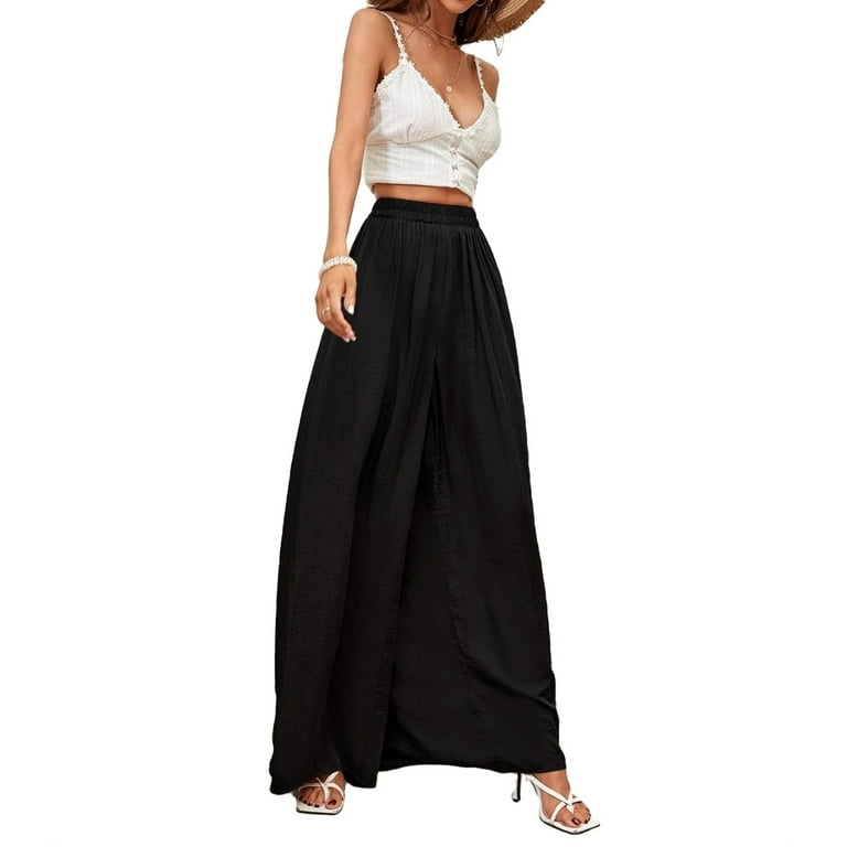 【Anyone more】Vig Black Washing Long Wide Pants Womens Wide Leg Pants Casual High Waist Long Black XL