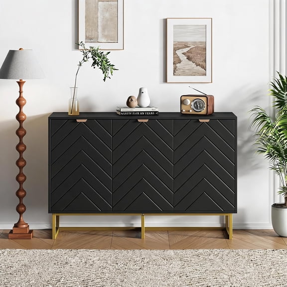 47 Inch Modern Sideboard Buffet Cabinet with 3 Doors, Adjustable Shelf, Storage Credenza Console Table for Dining Room, Living Room, Entryway, Black