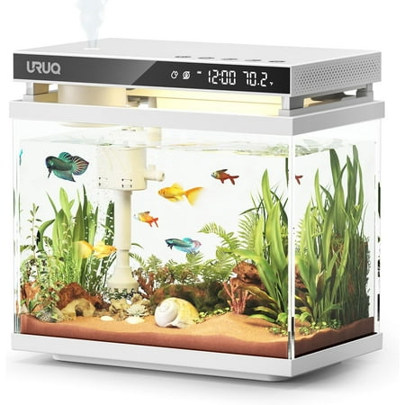 Fish Tank Smart Aquarium Kit: 2 Gal UHD Glass Silent Water Pump Self Cleaning System Temperature Monitoring Essential Oil Diffuser with Humidifier 7 Color Lights Multi-Layer Filtration System Black