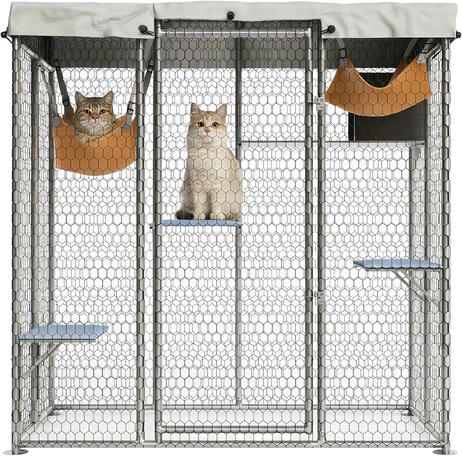 QinaQin Large Catio Outdoor Cat Enclosure,Extra Large Walk-in Cat Patio for Multiple Cats, Outdoor Catio with Waterproof Cover, Hammock, Resting Box and 4 Platforms,Light Grey