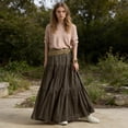 thumbnail image 2 of Women Maxi Skirt High Waist Ruffle Splicing Large Hem Long Skirt Pure Color Work Leisure Travel Skirt, 2 of 8
