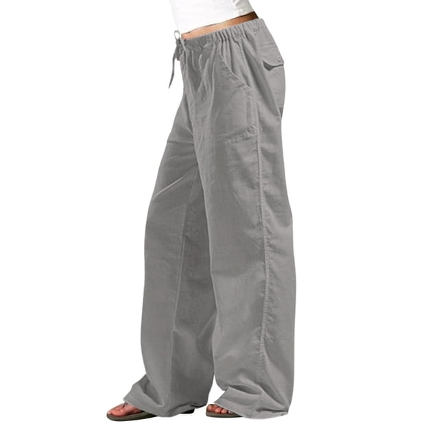 Pantalones con cordón ajustable de mezcla de lino en color liso para mujer: pantalones de cintura alta, elásticos y de pierna recta con bolsillos, tallas S-XXXXXL