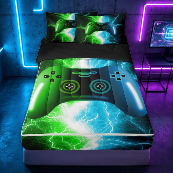 meiyoeat Neon Lightning Gamer Zipper Twin Comforter Sets with Fitted Sheet and 2 Pillowcases for Teens Boys, Electric Green Blue Gaming Zipper Bedding Set, Black Reversible