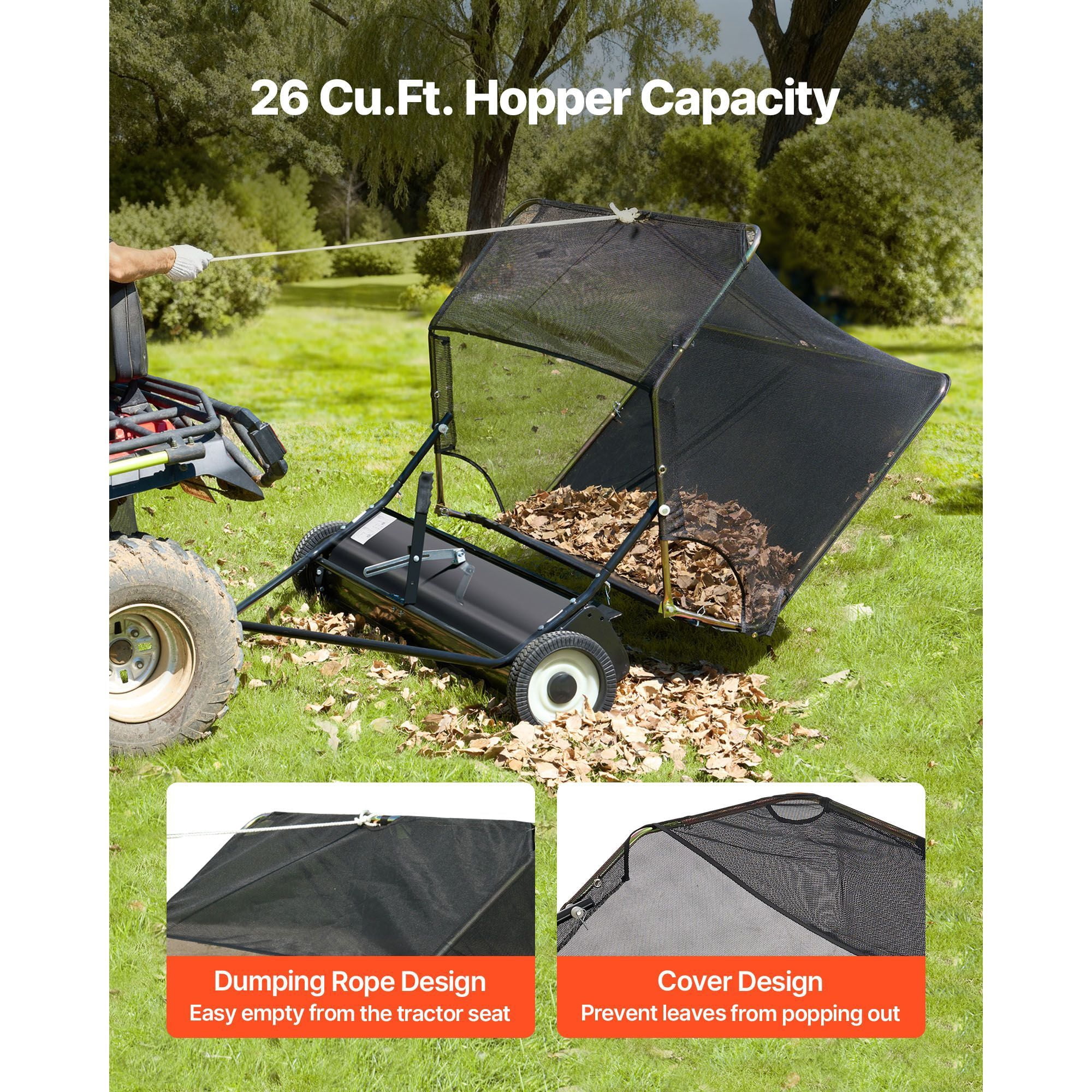 Dranite Tow-Behind Lawn Sweeper, 52-Inch, 26 cu.ft Capacity, Adjustable Height, Heavy-Duty for Leaves/Grass/Debris with Easy-Dump Rope - for Large Yards
