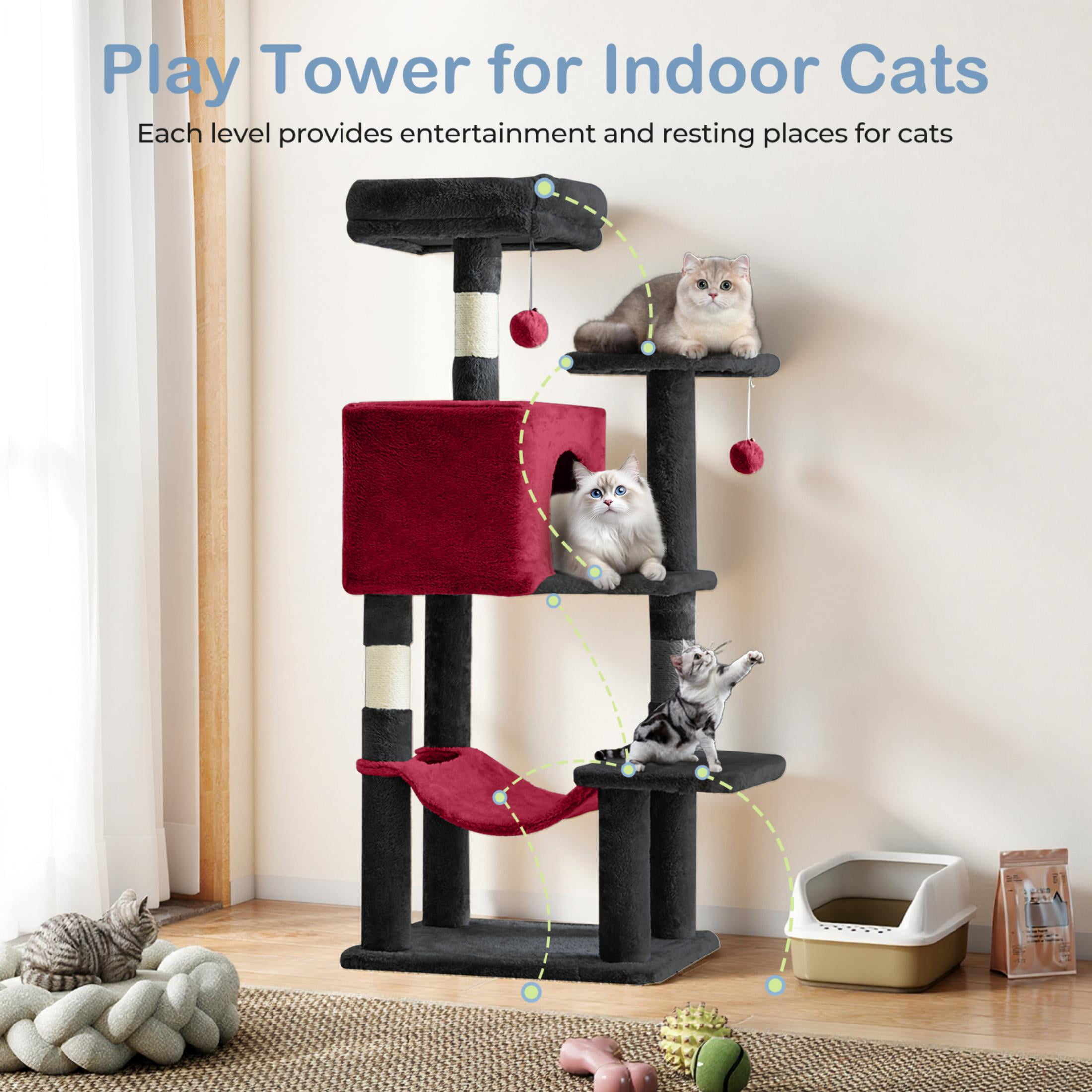 EDX 44" Cat Tree Tower for Indoor Cats, Multi-Level Durable Climbing Tower, Pet House with Natural Sisal Scratching Post, Cozy Condo, Extended Platform, Kitten Toy and Hammock, Black & Red