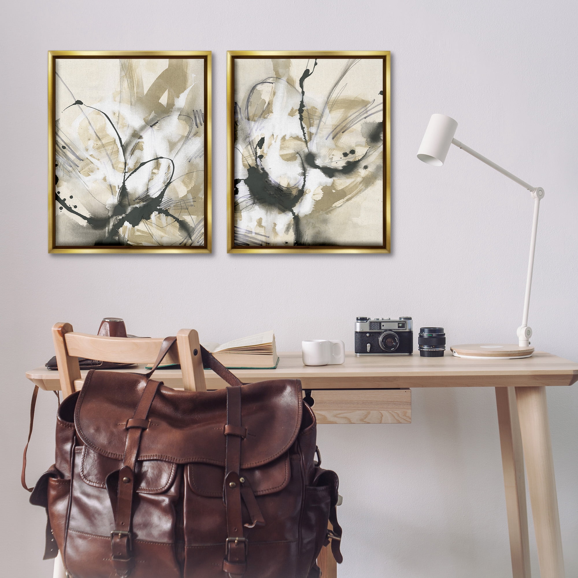 Stupell Industries Beige & Black Splatter Abstract Painting Gold Floater Framed Canvas Art Print Wall Art, 25 x 31, Set of 2