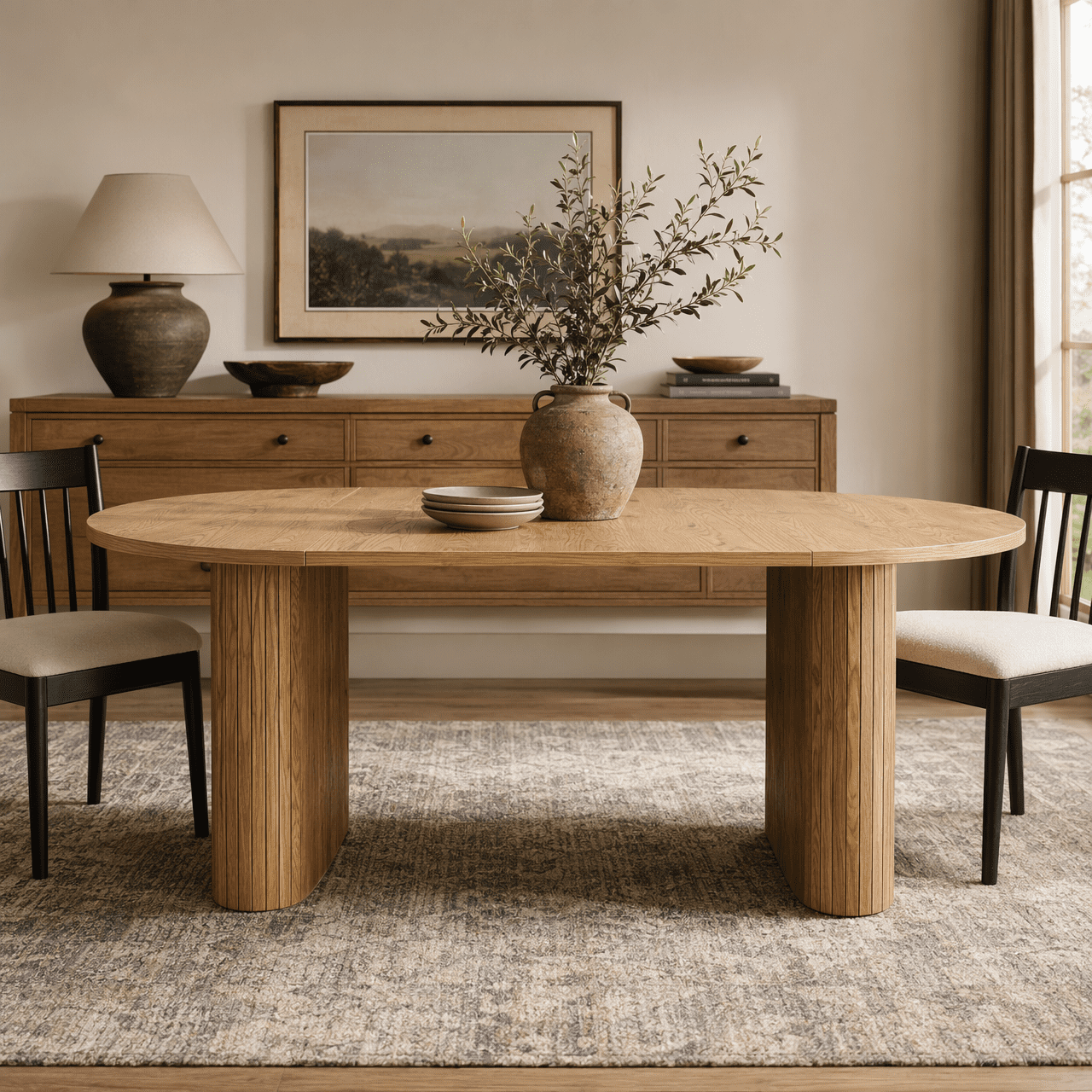 Oval Dining Table 70.87 Inch, Farmhouse Kitchen Table with Wood Strip Metal Base and Rounded Edges, Living Room and Reception Furniture, Beige and Light Natural