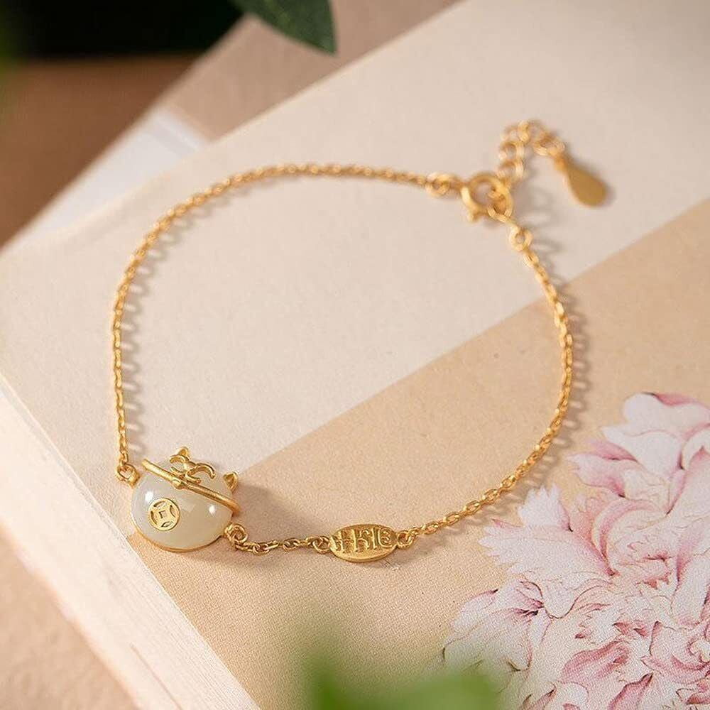Chinese Retro Crafts Woman Jewelry Creativity Lucky Cat Natural Jade Bracelet