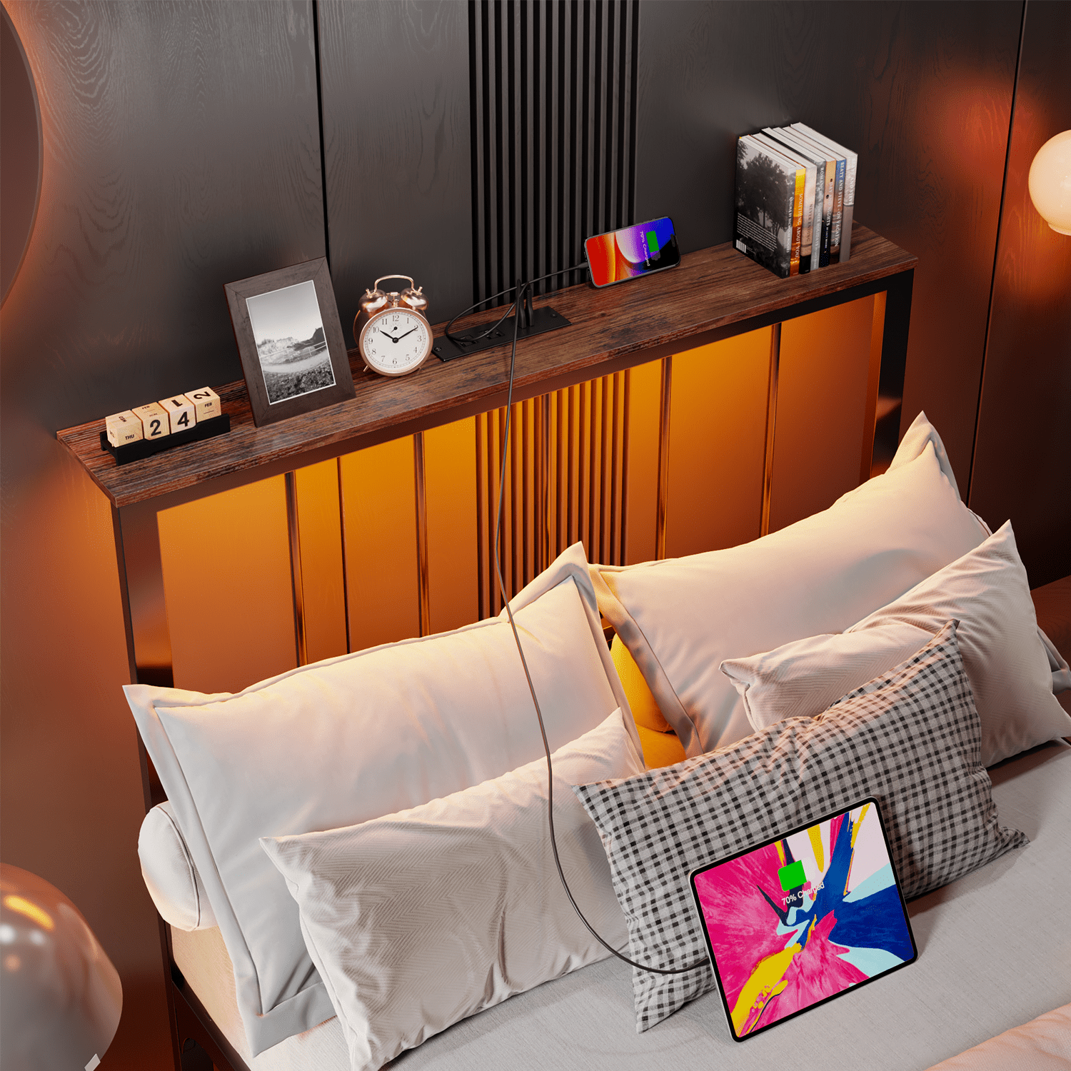 Behost Twin Bed Frame with Storage Headboard LED Lights Charging Station Adjustable Metal Frame Platform Bed Black