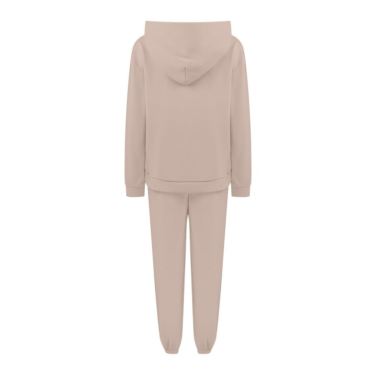 RQYYD Jogging Suits for Women - Solid Color Tracksuit Fall Winter Hoodie 2  Piece Jogging Suits with Pockets on Clearance (Beige,XL)