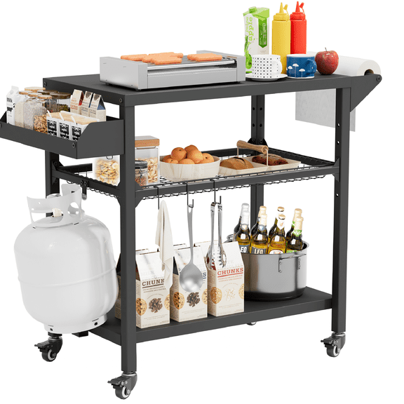 SUNCROWN Outdoor Grill Cart for Blackstone Griddle & Pizza Oven, 41" L x 20" W BBQ Prep Table with Seasoning Tray, Tool Hooks, Handrail & Wheels, Heavy-Duty Portable Cooking Cart for Camping