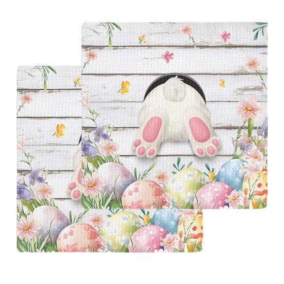 Easter Kitchen Dish Towels for Drying Dishes Set of 2, Spring Bunny Feet Eggs Floral Herb Wooden Plank Waffle Weave Microfiber Hand Tea Bathroom Towels Quick Dry & Absorbent Towel 12x12