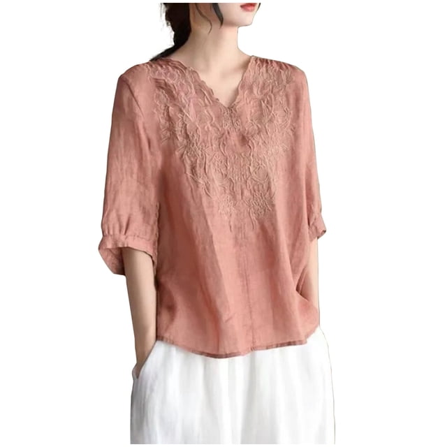 Pisexur Haut à Manches Courtes à Col Rond Brodé Rétro à la Mode pour Femmes, Hauts pour Femmes, Blouses Habillées Décontractées, Hauts pour Femmes Rose, 2TG