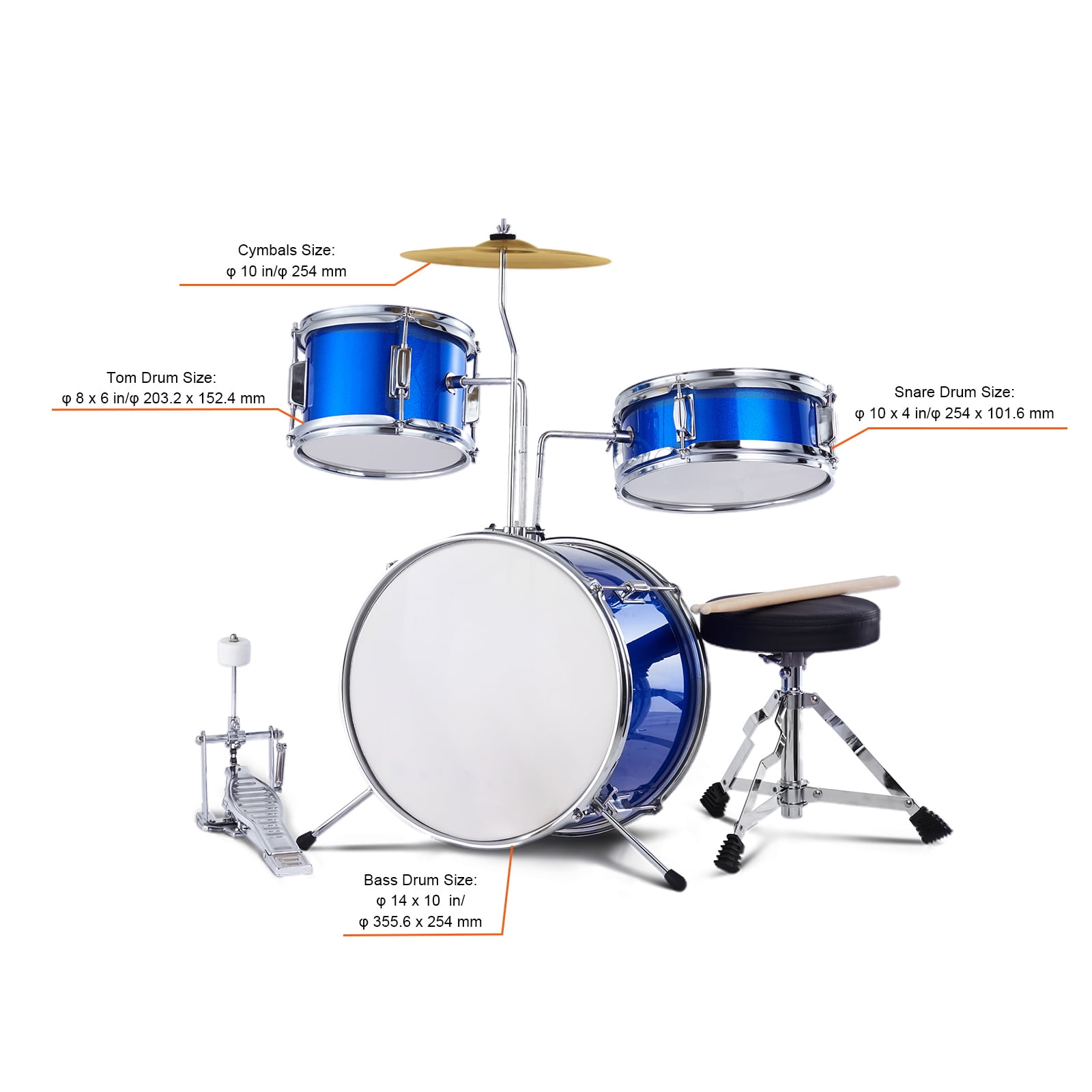 KFFKFF Children's Drum Kit, 3-Piece Set Drum, 14 '', Includes Adjustable Seat, Cymbal, Pedal, 2 Drumstick Pairs, 8'' Tom, 10'' Snare, 14'' Bass Drums, Ideal for Beginners, Blue