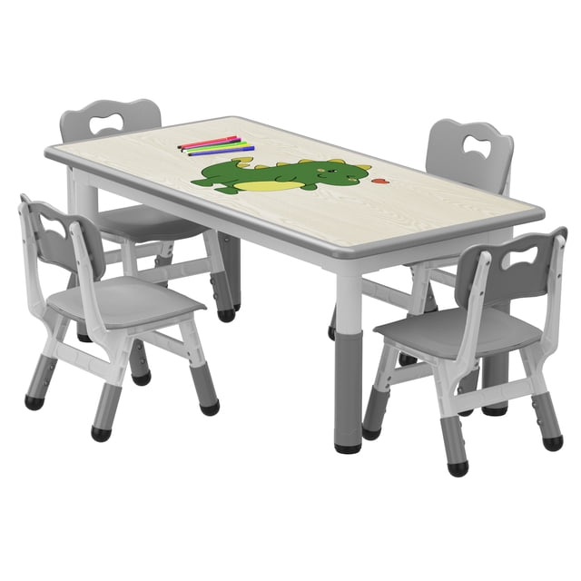 Bingirl Kids Table and 4 Chairs Set Height Adjustable Toddler Table and Chair Set Graffiti Desktop Children Learn Activity Table for Kids Study Table for Home