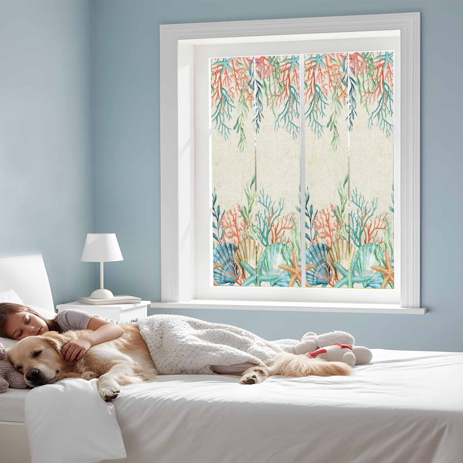 Summer Ocean Window Privacy Film, Watercolor Coastal Coral Shell Seaweed Beige Static Cling UV Sun Blocking Heat Control Window Tint Day and Night, Non-Adhesive One Way Privacy Cover 17.7''x39.3''