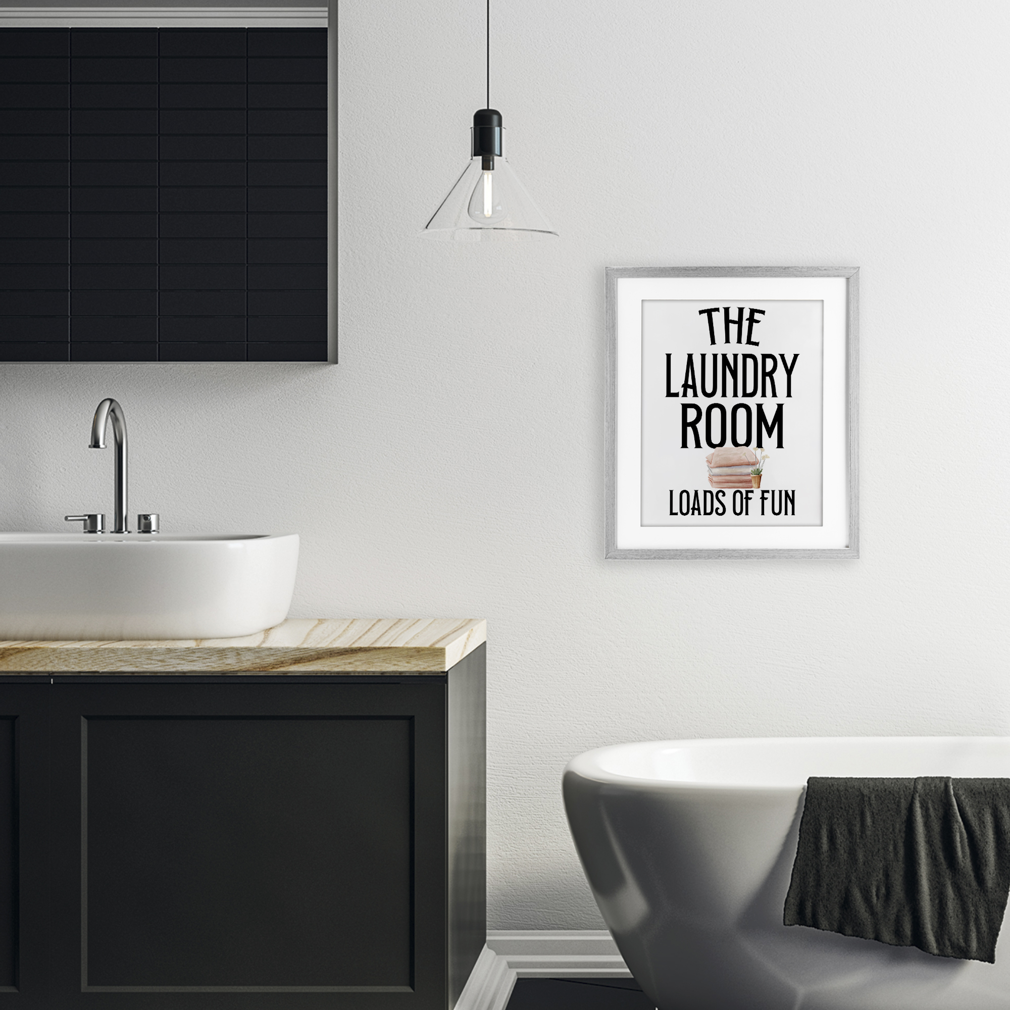 Laundry Room Fun Minimal Gray Framed Print Under Glass, design by Kim Allen